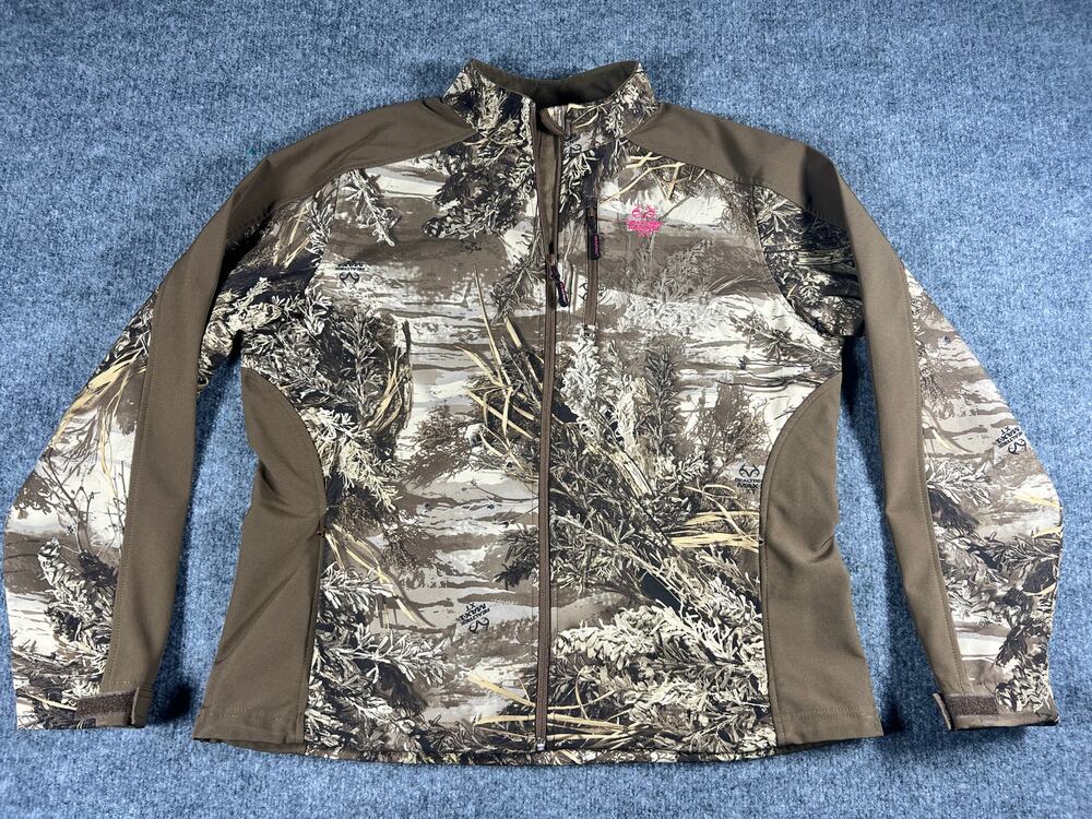 Realtree MAX-1 XT Womens L 12/14 Camo Softshell Hunting Jacket Pink Logo